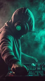 Hooded DJ in neon haze sculpting late night soundscapes.