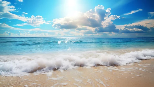 Sunlit ocean waves roll onto a tranquil turquoise shore