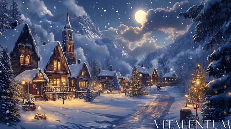 Moonlit alpine village wrapped in twinkling winter hush.