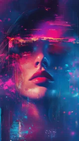 Neon cyberpunk portrait with abstract glitch effects.