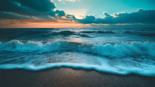 Turquoise surf murmurs under a stormbright cotton sunrise.