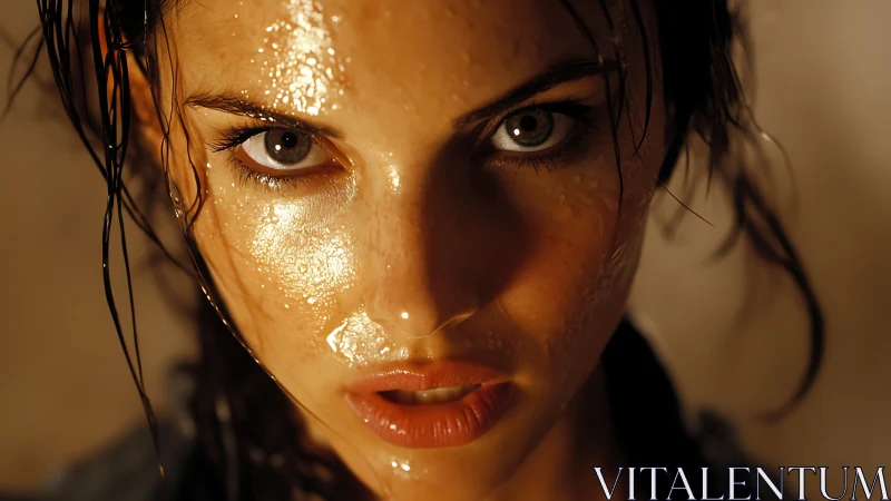 Specular-lit wet face study with cinematic close-range focus.