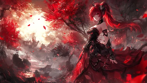 Red-haired warrior in crimson forest under dramatic backlight