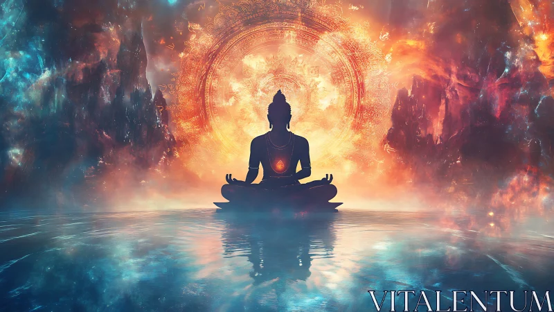 Mystic cosmic meditation silhouette with radial mandala glow.