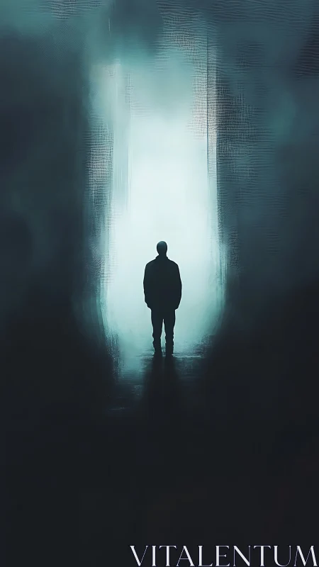 Solitary silhouette standing before luminous corridor.