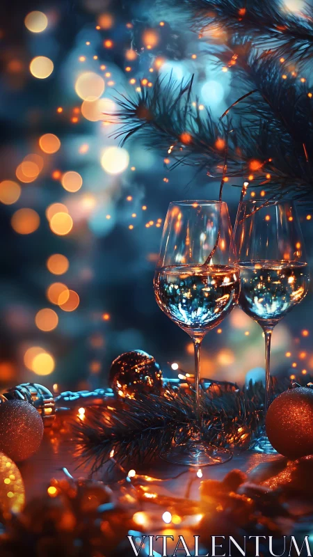 Holiday wine glasses glow amid bokeh lights and pine decor