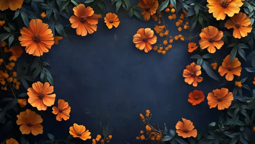 Orange florals border deep blue textured botanical frame.