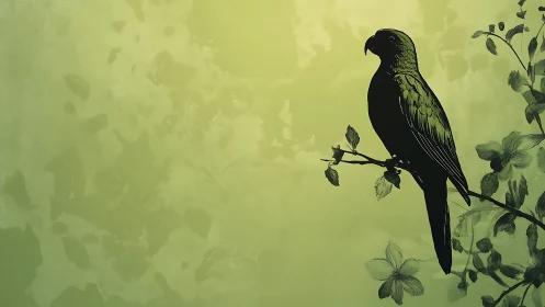 Silhouette of Parrot on Branch in Green Watercolor Nature Art.
