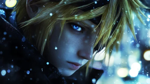 Snowlit stare of a determined blue eyed anime hero.