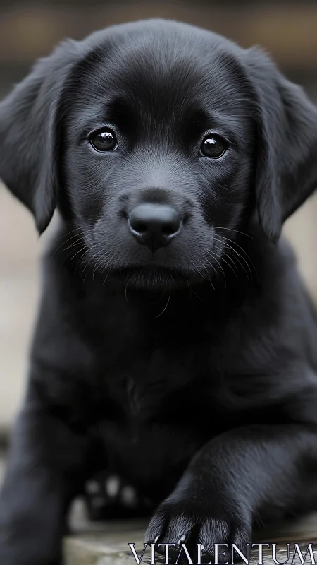 Close-up portrait of glossy black Labrador puppy on wood
