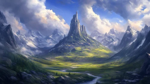 Majestic mountain citadel above luminous alpine valley.