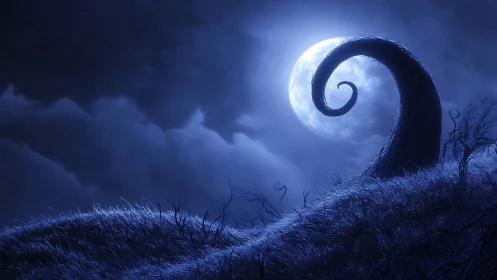 Curled hillside silhouette against full moon night sky.