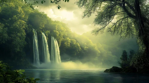 Soft morning light pours over emerald falls and misty river