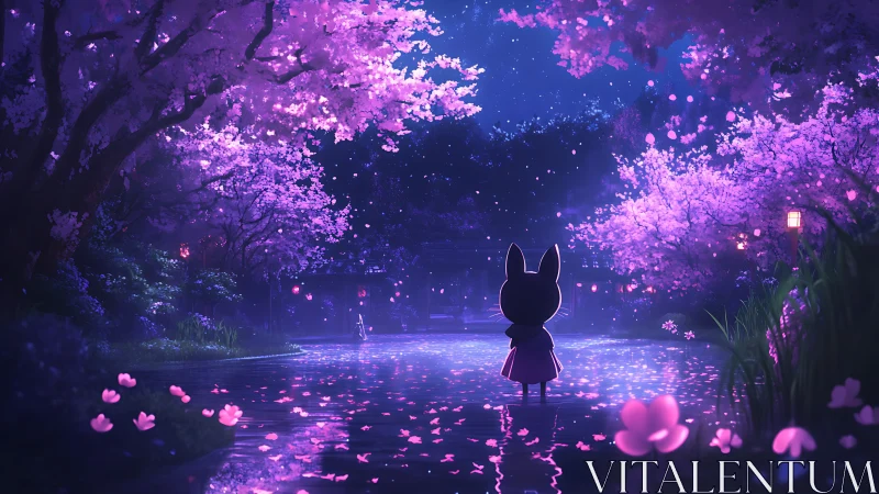 Anthropomorphic figure under bioluminescent cherry blossoms at night