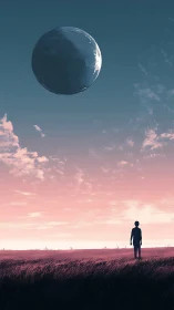 Solitary figure observing suspended sphere over plain.