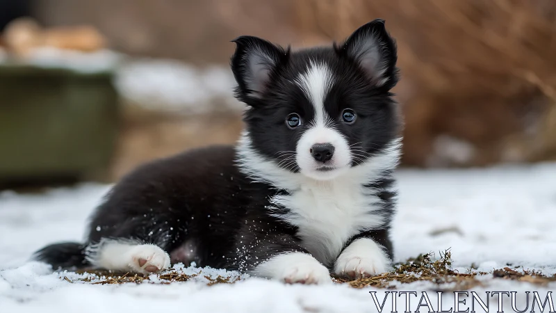 Curious black and white puppy resting softly in winter snow.