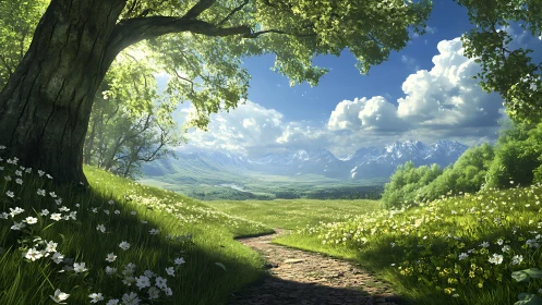 Mountain valley landscape with tree, path and wildflowers.