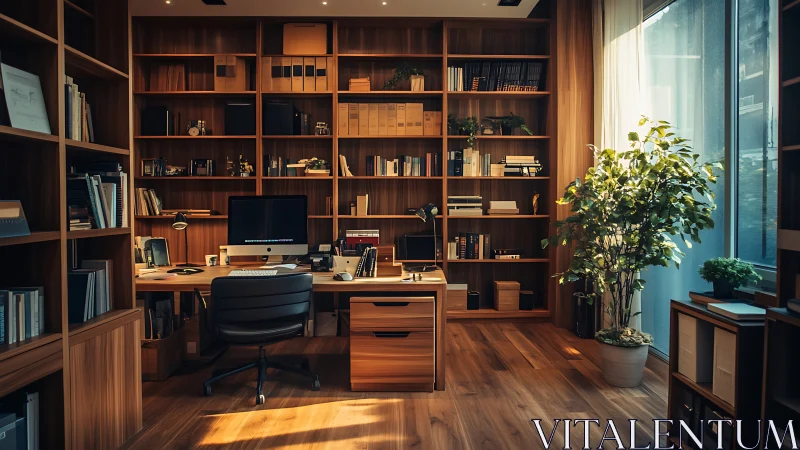 Warm wood home office with floor to ceiling library wall.