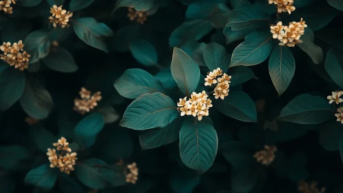 Midnight teal foliage cradling shy buttery blossoms.
