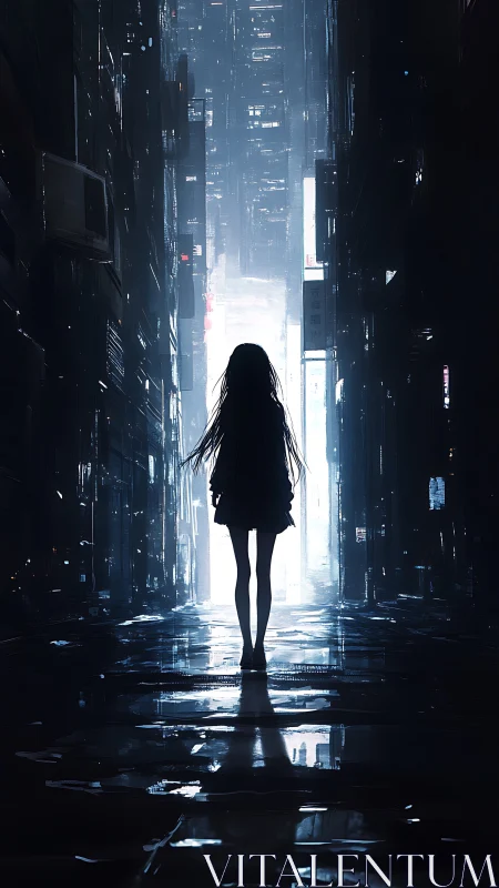 Silhouetted figure in reflective alleyway of dense cityscape.