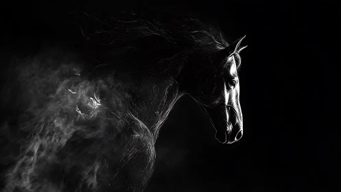 Midnight horse glows gently from swirling shadow mist