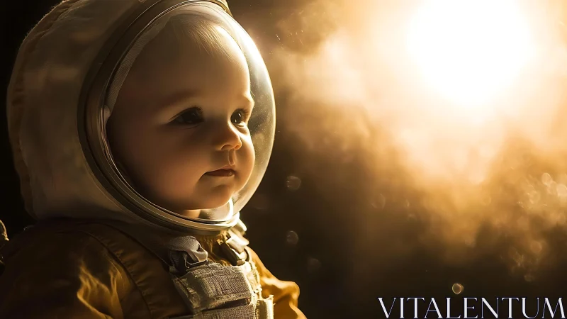 Tiny cosmonaut studies a newborn star in honeyed light