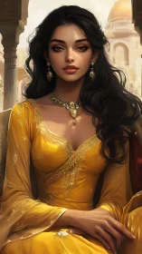 Regal woman in golden gown amid sunlit palace arches.