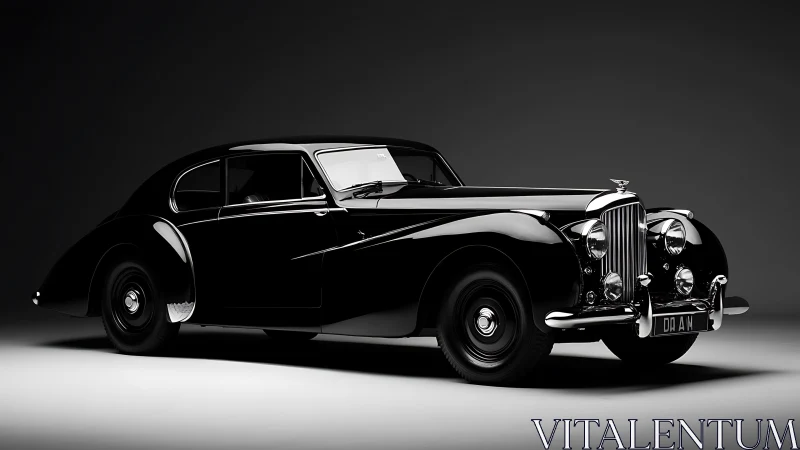 Midnight lacquered classic coupe prowls in sculpted studio light.