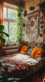 Boho bedroom interior with plants and sunlit tapestry wall.