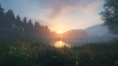 Misty lakeside sunrise over wildflower meadow in springtime.