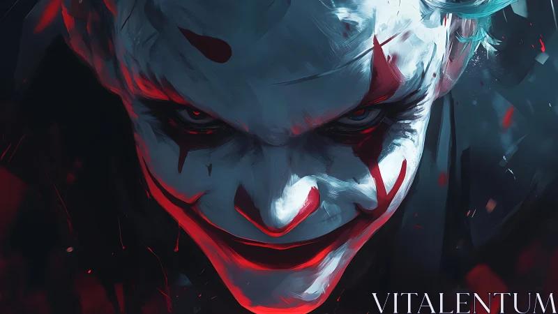 Sinister clown portrait in high-contrast red cyan lighting.