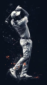 Dynamic digital painting of golfer mid-swing with splatter effects