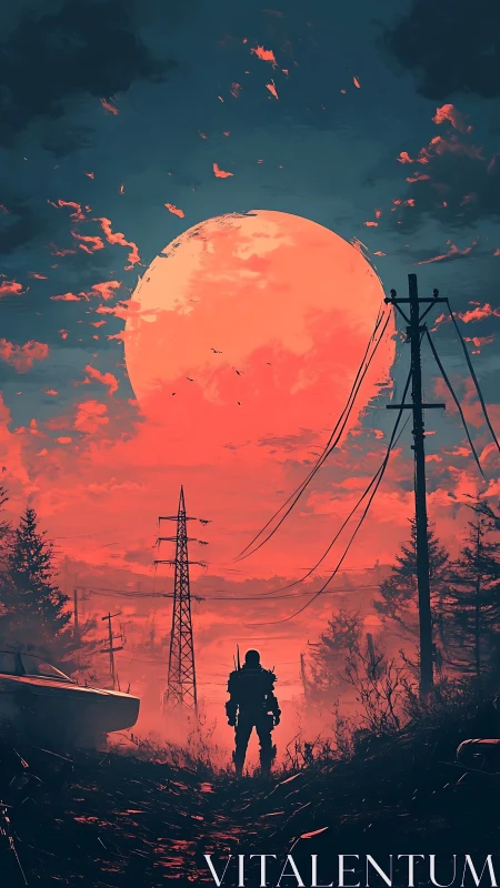 Lone armored wanderer confronts colossal red moon skyline.