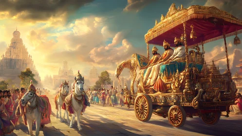 Golden royal chariot glides through sunlit mythic kingdom.