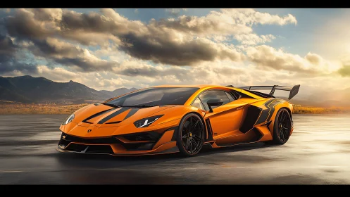 Orange hypercar cuts horizon under stormlit mountain sky.