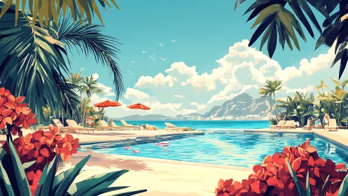 Tropical Beachfront Resort Pool with Turquoise Waters and Palm Fronds.