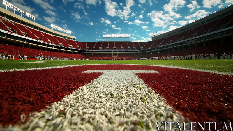 Red American football end zone letter under wide stadium sky