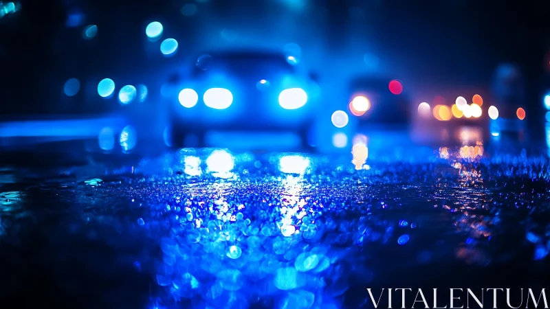Blurred car headlights illuminate wet asphalt in blue tones