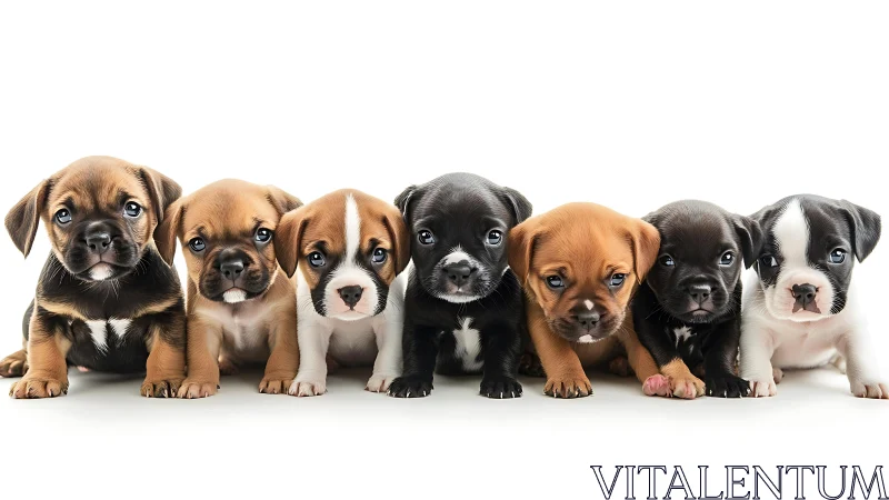 Row of mixed-breed puppies against clean white backdrop.