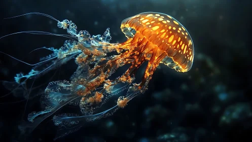 Bioluminescent jellyfish form advances through dark aquatic space