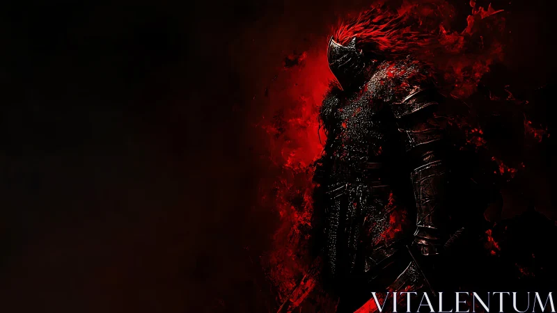 Armored infernal knight emerges from abstract crimson void