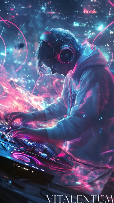 Neon-lit DJ performer mixing decks in electrified cyber glow.