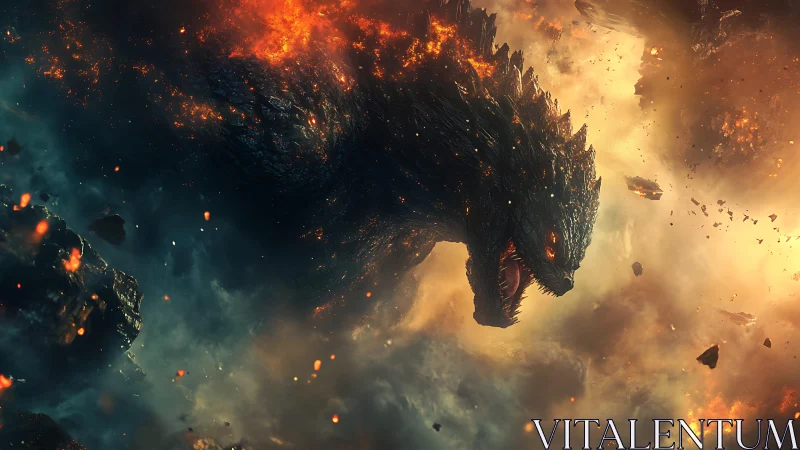 Fiery cosmic kaiju surging through a storm of molten light.