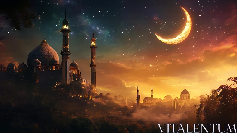 Crescent moon glows above domed mosque city at twilight