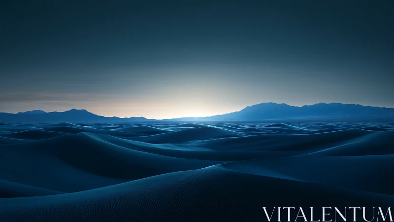 Midnight dunes glow softly beneath a distant rising sun