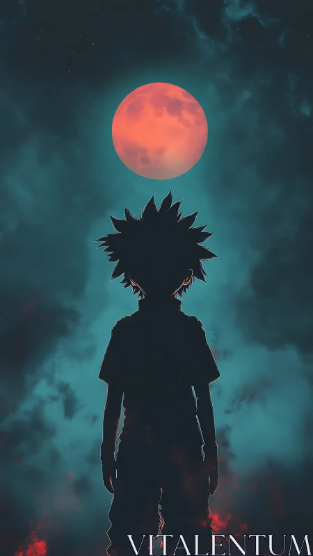 Silhouetted figure stands beneath red moon in cloudy sky