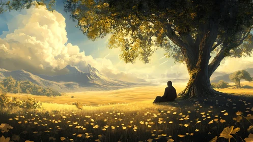 Solitary figure under tree overlooking golden valley landscape.