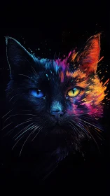 Black Cat Face with Neon Color Spectrum Eyes and Particle Effects