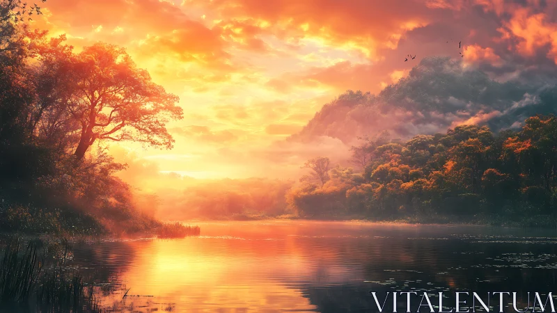 Radiant sunset over misted forest lake with reflective water