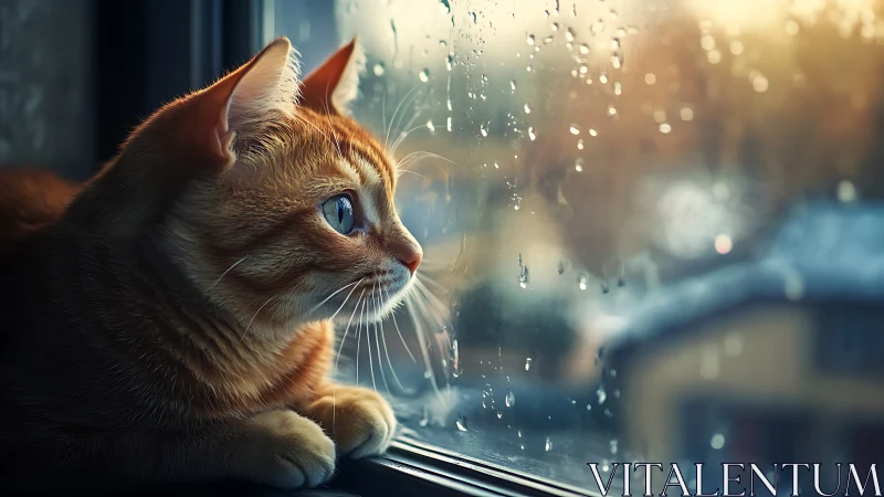 Ginger Cat Gazing Through Rain-Streaked Window.